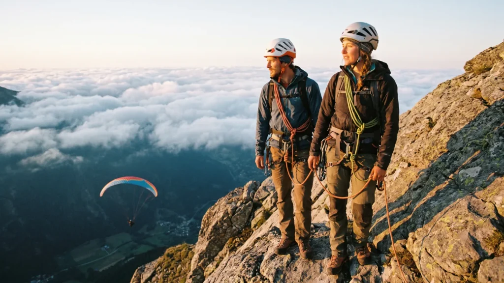 Deux alpinistes encordés sur une arête rocheuse au-dessus des nuages