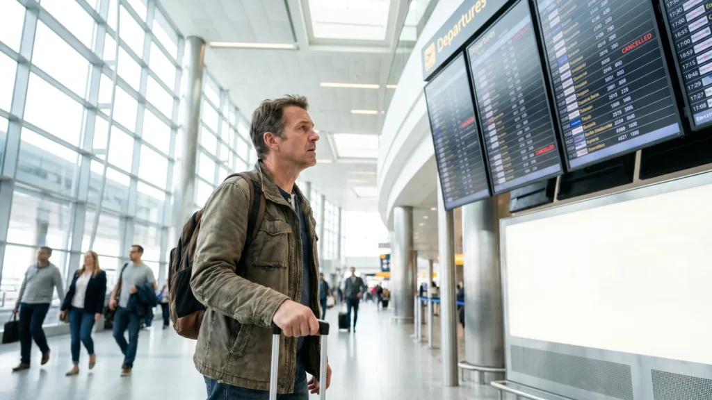 Voyageur dans un aéroport face à un panneau affichant un vol annulé