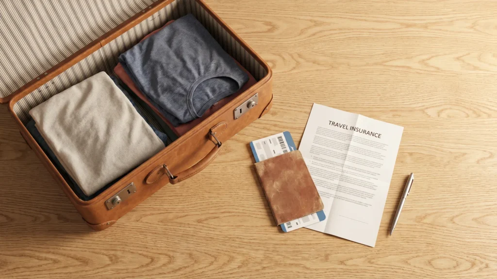 Passeport, billet d'avion et contrat d'assurance annulation posés sur une table