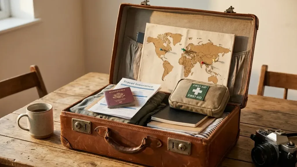 Valise, passeport et documents d'assurance voyage prêts pour le départ