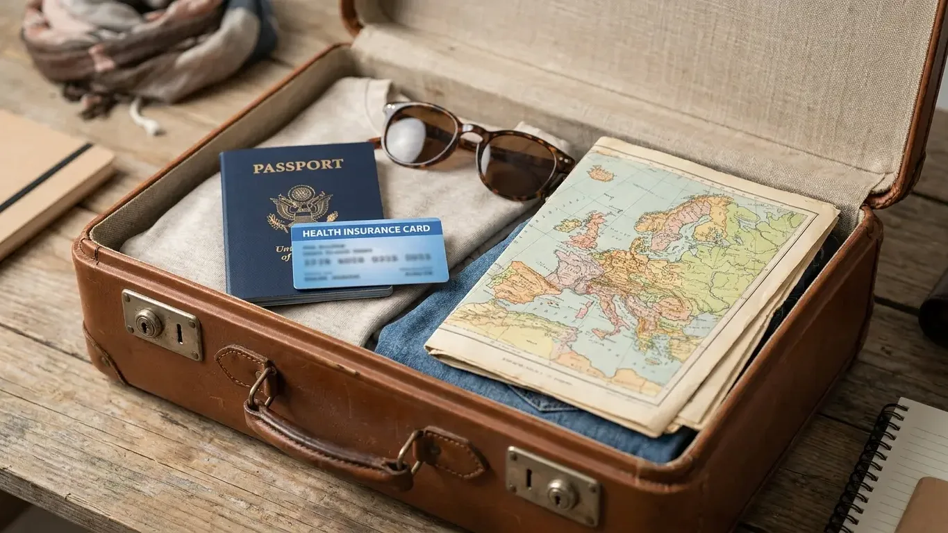 Valise ouverte avec passeport, carte de santé et carte de l’Europe pour préparer un séjour