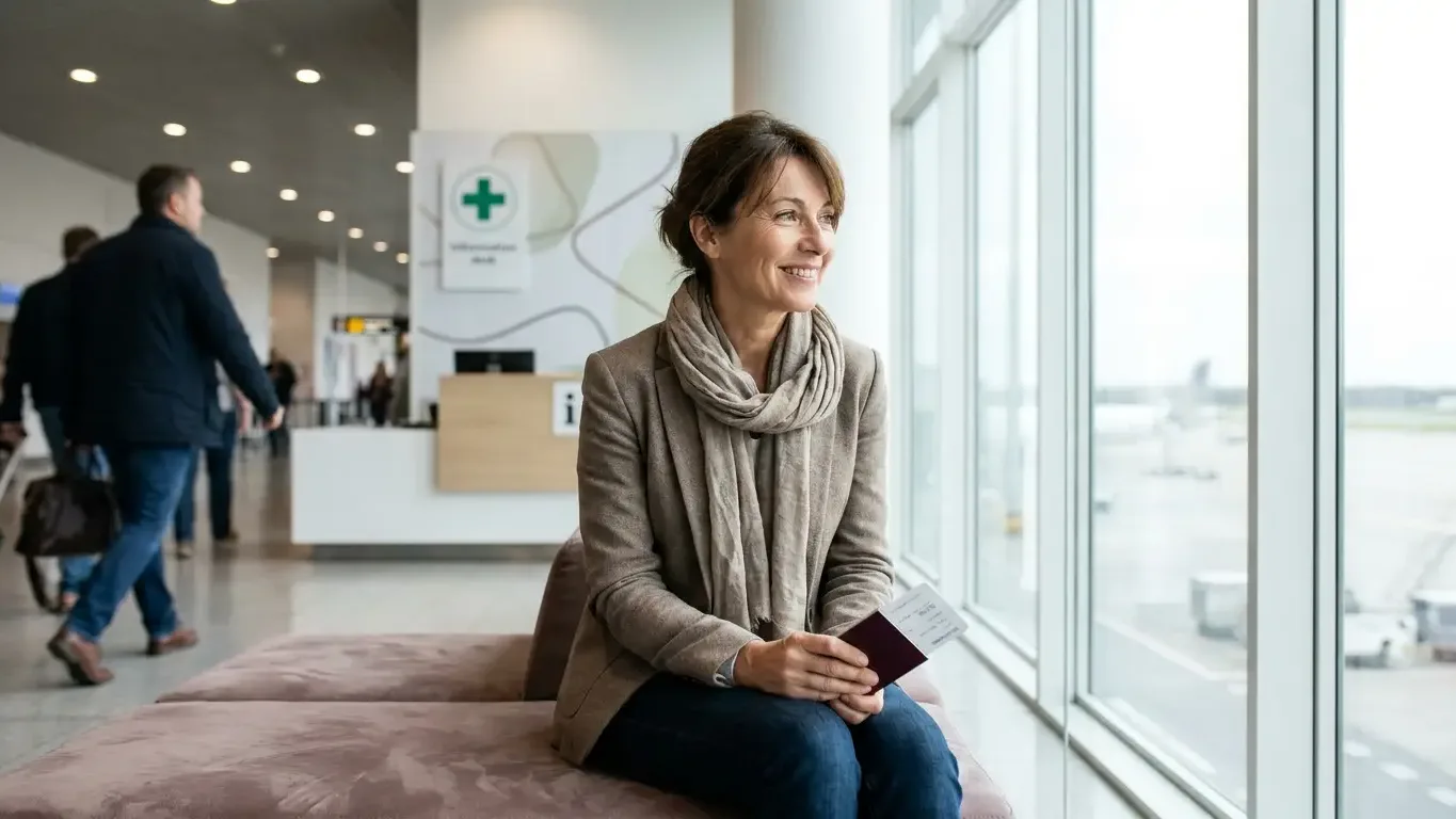 Voyageuse à l’aéroport avec passeport prête pour un voyage en Europe
