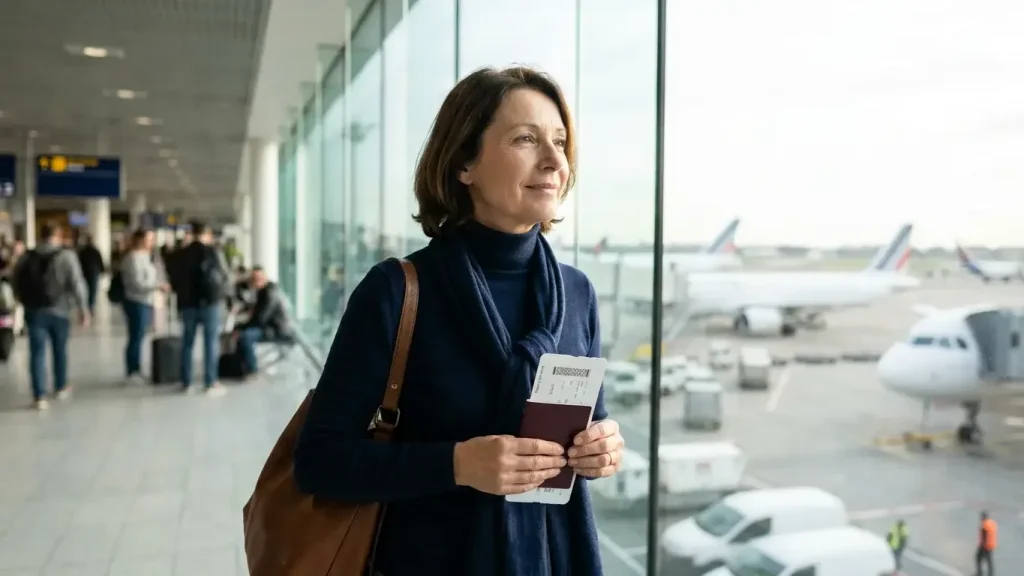 Voyageur à l'aéroport tenant son passeport avant un départ à l'étranger