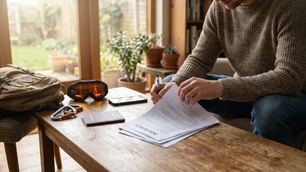 Personne lisant les conditions générales d'un contrat d'assurance avant un voyage
