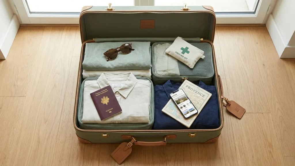 Valise ouverte avec passeport, trousse de secours et carte pour préparer un voyage