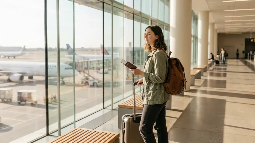 Voyageur à l'aéroport avec passeport et valise avant un départ à l'étranger