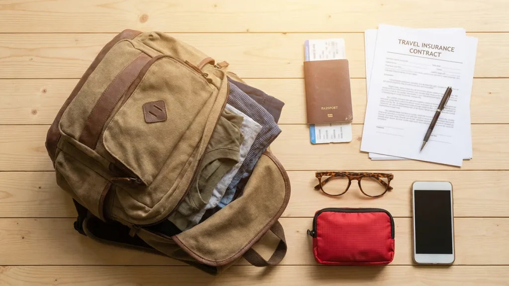 Sac à dos, passeport et contrat d'assurance posés sur une table lors de la préparation d'un long voyage