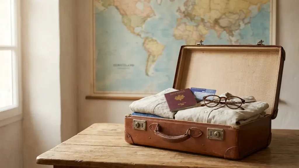 Valise ouverte avec passeport français et carte de santé pour l'expatriation
