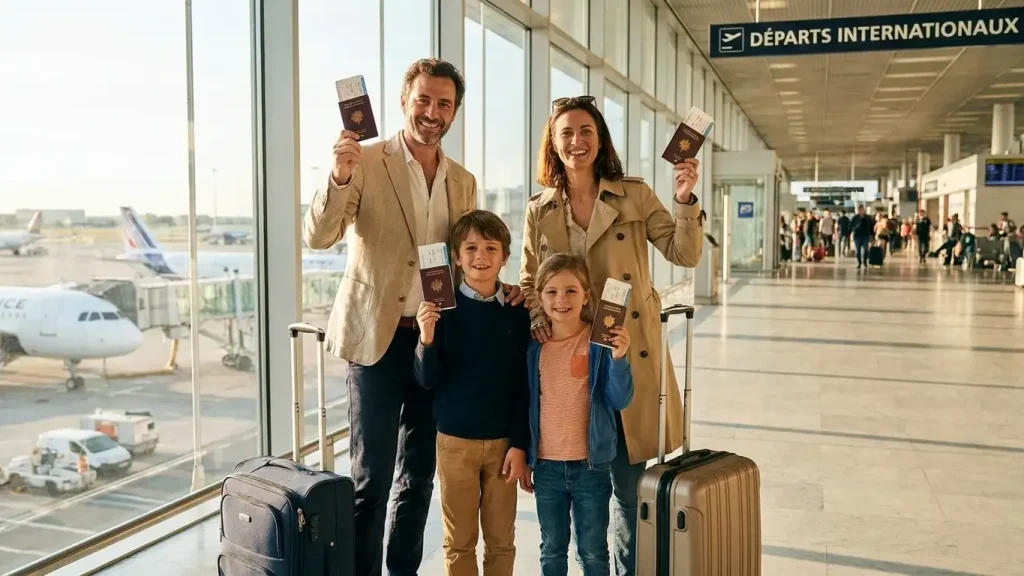 Famille d'expatriés français à l'aéroport avec passeports et valises