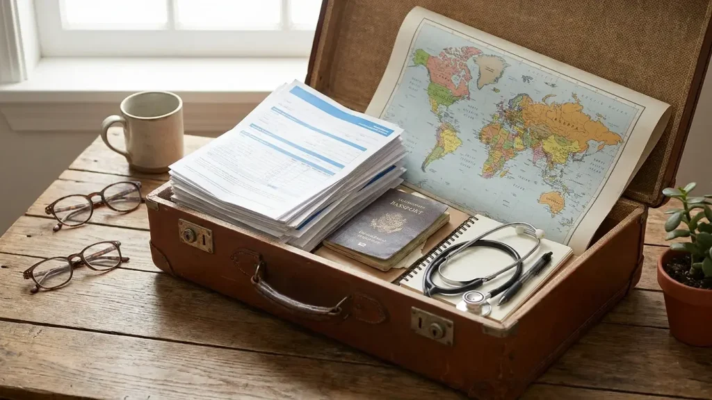 Valise, passeport et documents d'assurance santé pour préparer son expatriation