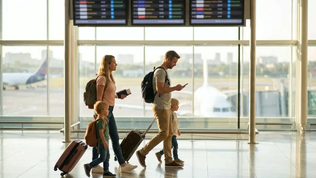 Famille d'expatriés traversant un aéroport international avant leur départ