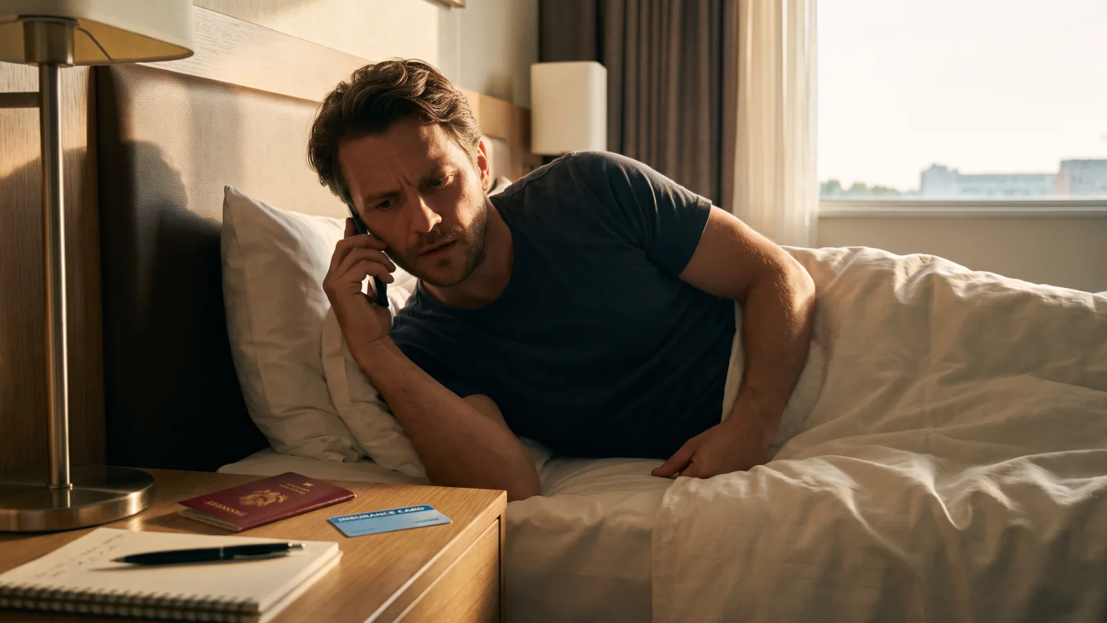 Voyageur appelant son assistance depuis sa chambre d'hôtel