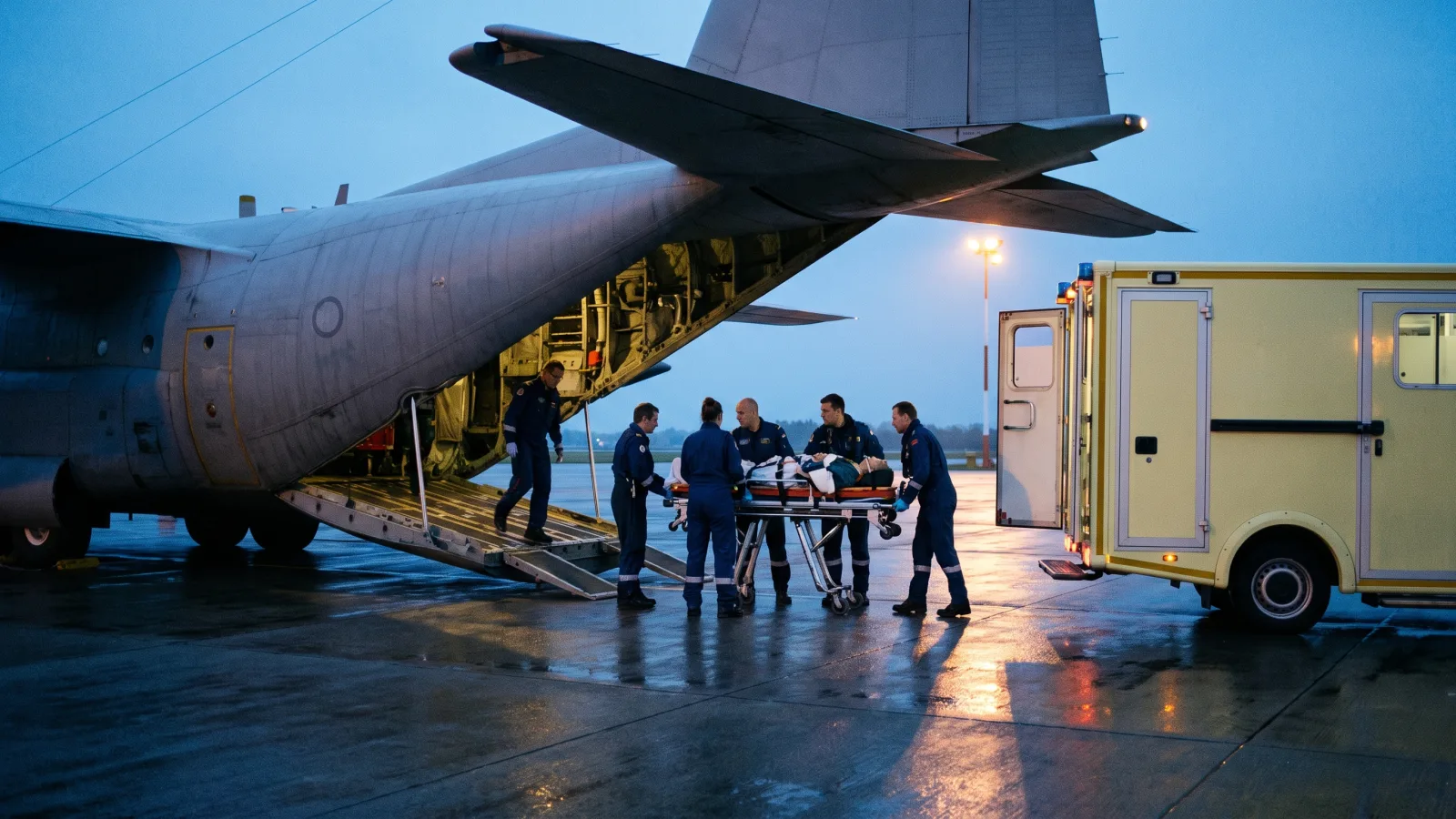 Équipe médicale transférant un patient vers un avion sanitaire