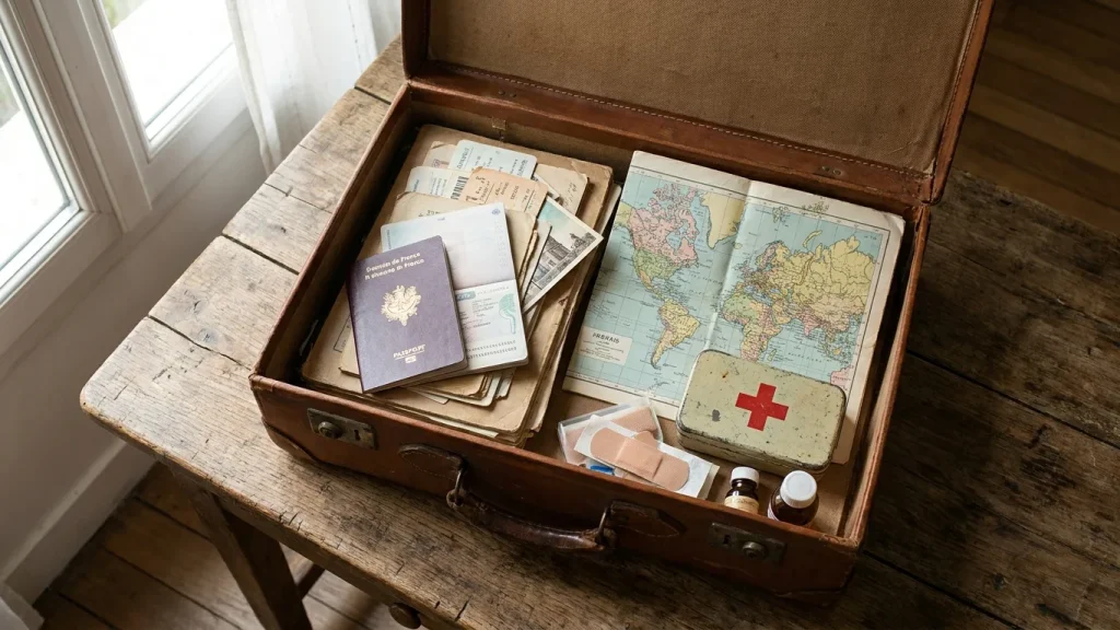 Valise ouverte avec passeport et documents de voyage pour préparer son expatriation