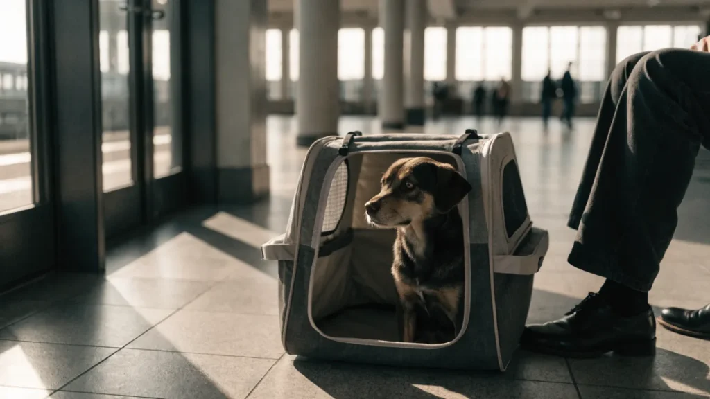 Chien installé dans une caisse de transport souple dans le hall d'une gare