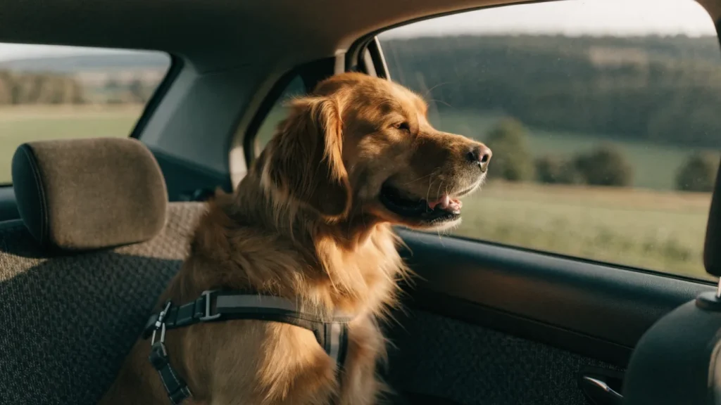 Chien harnaché sur la banquette arrière d'une voiture pendant un trajet