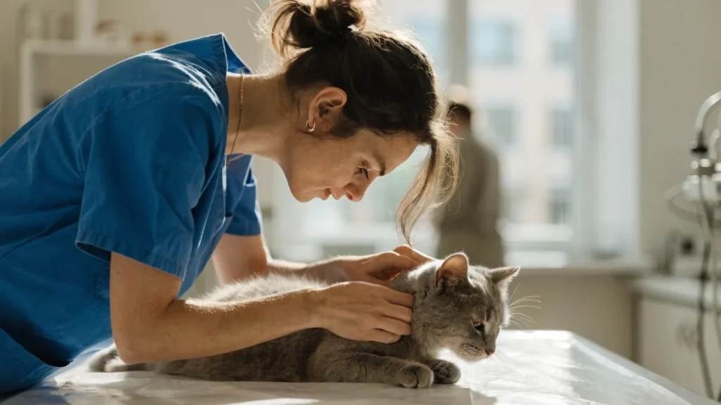 Vétérinaire examinant un chat sur une table de consultation
